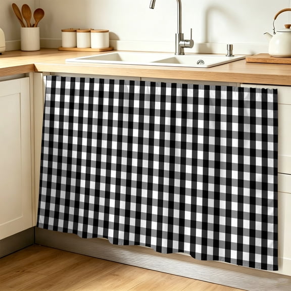 Buffalo Plaid Cabinet Curtains for Shelves, Farmhouse Black White Checkered Vintage Rustic Privacy Curtain for Closet Self Adhesive, Dust-Proof Drapes for Closet Storage Room Classroom 32"W x 55"L