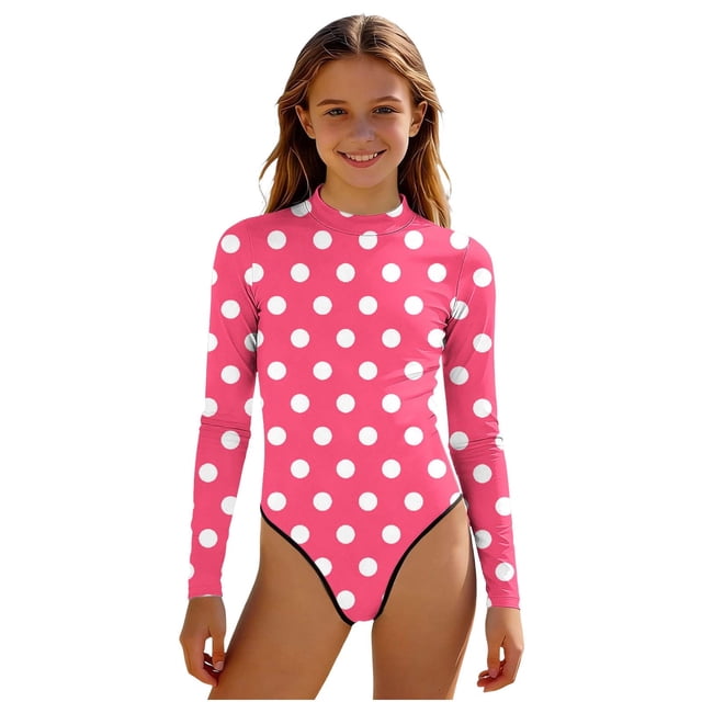 Swimsuit for Girls, Long Sleeve One Piece Rashguard, Solid Color Beach Vacation Swimsuit for Kids 2-13 Years