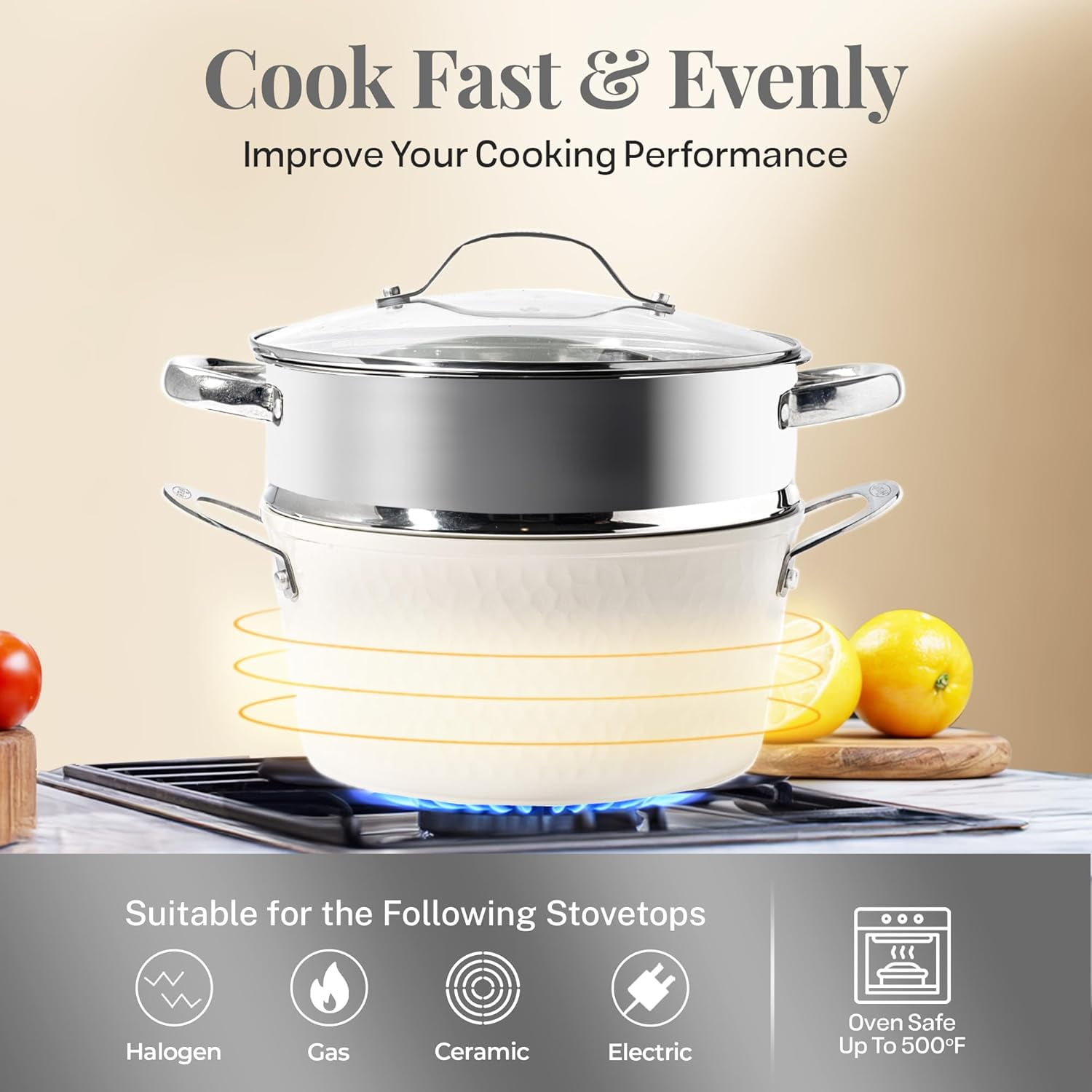 Gotham Steel Hammered 15 Pc Ceramic Pots and Pans Set Non stick, Ceramic Cookware Set with Utensils, Pots and Pans for Cooking, Non Toxic Pot and Pan Set, Kitchen Set, Oven/Dishwasher Safe, Cream