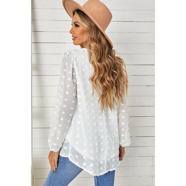 ABPHQTO Blusa de mujer blanca con manga de burbuja de lunares suizos