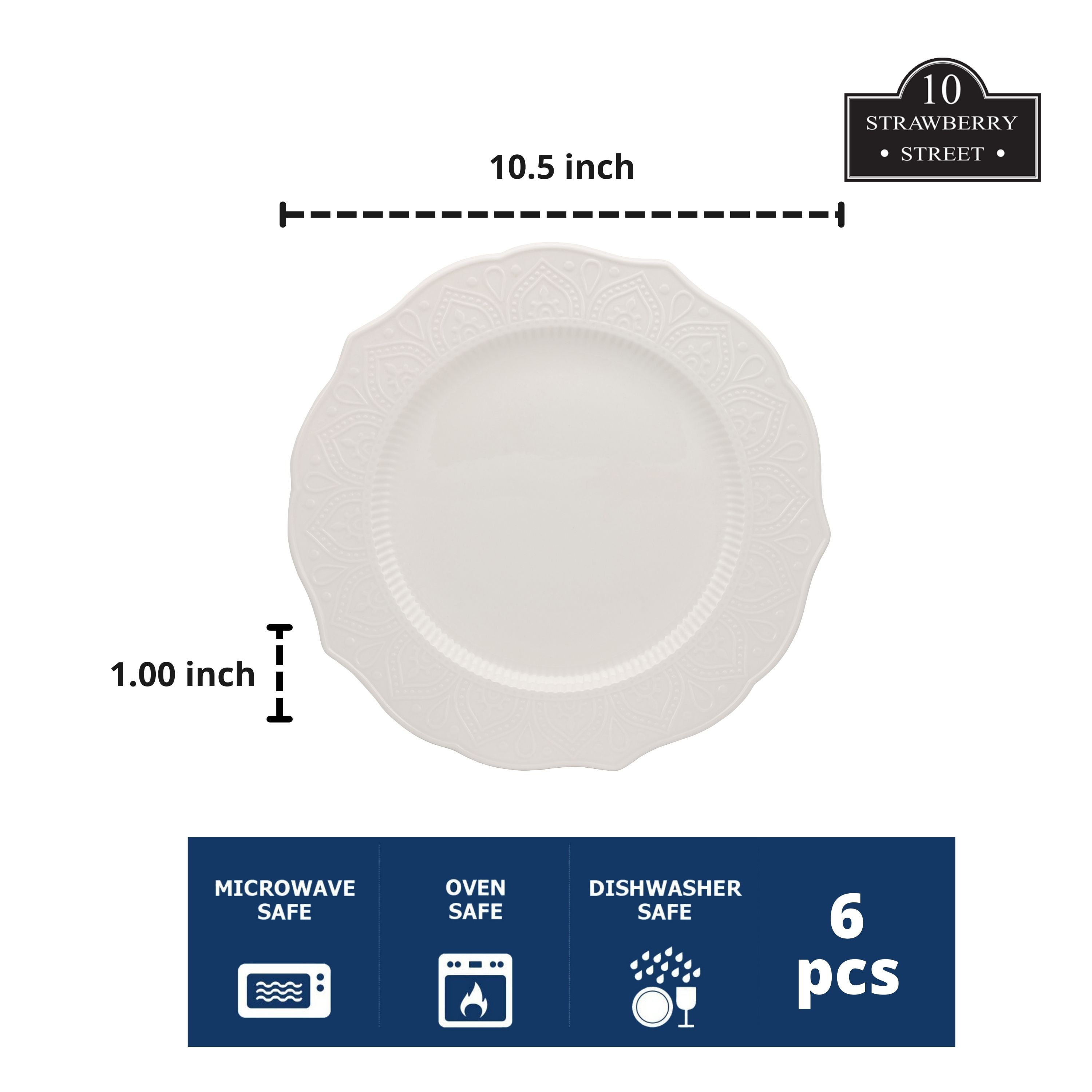 10 Strawberry Street Dahlia Porcelain 10.5" Dinner Plate, Set of 6, White