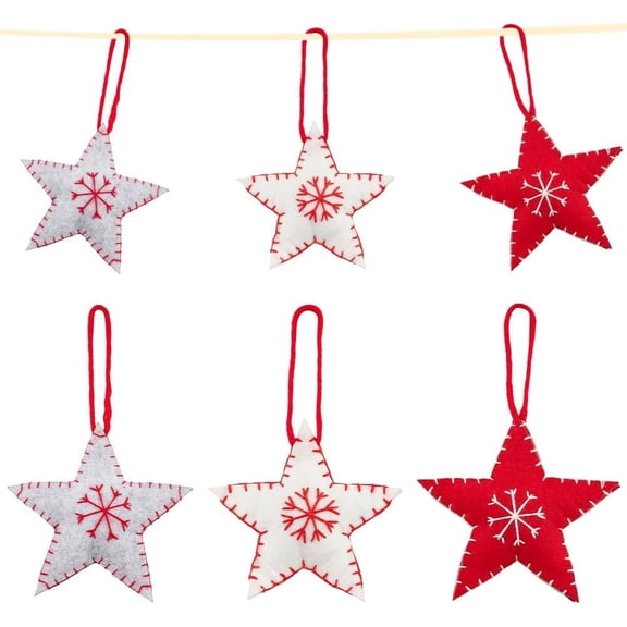 6Pcs 3 Colors Star with Snowflake Felt Fabric Pendant Christmas Hanging Ornament Christmas Tree Pendant Pentagram Decor Decoration Xmas Felt Crafts for Party Accessory Colorful