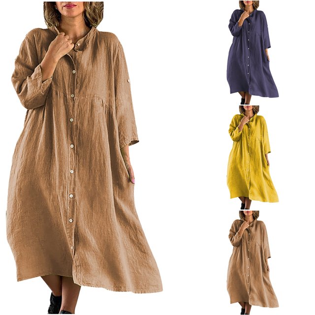 Gspmoly Robes Décontractées pour Femmes, Mode Femmes Automne Uni Décontracté Col Rabattu Manches Longues Vacances Robe à Boutons Robes de Cocktail pour Femmes Articles en Liquidation