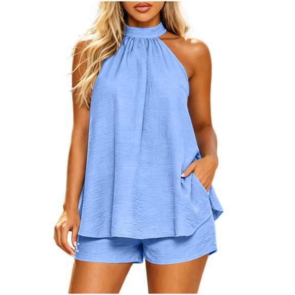 Karymi Plus Size Tops for Women Solid 2 Piece Vacation Outfit Set, Halter Neck Sleeveless Loose Flowy Tank Top, Elastic High Waist Relaxed Fit Shorts Womens T Shirts