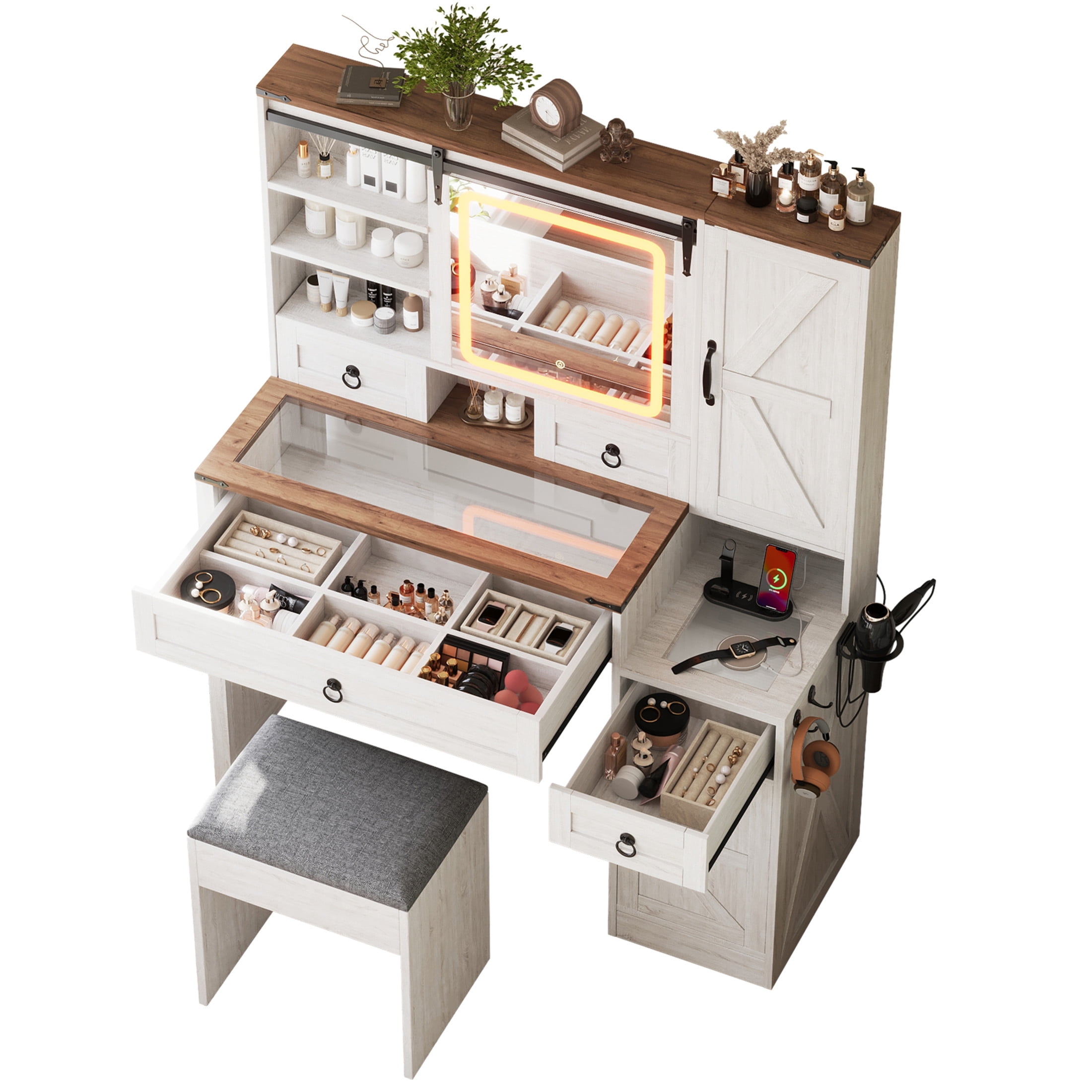 Noble House Farmhouse Vanity Desk with LED Sliding Mirror, Storage, Charging Station and Stool, White