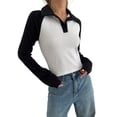 thumbnail image 3 of Canis Contrast Color Slim Fit T-Shirts for Women: Lapel Collar Tops with Long Sleeves, 3 of 5