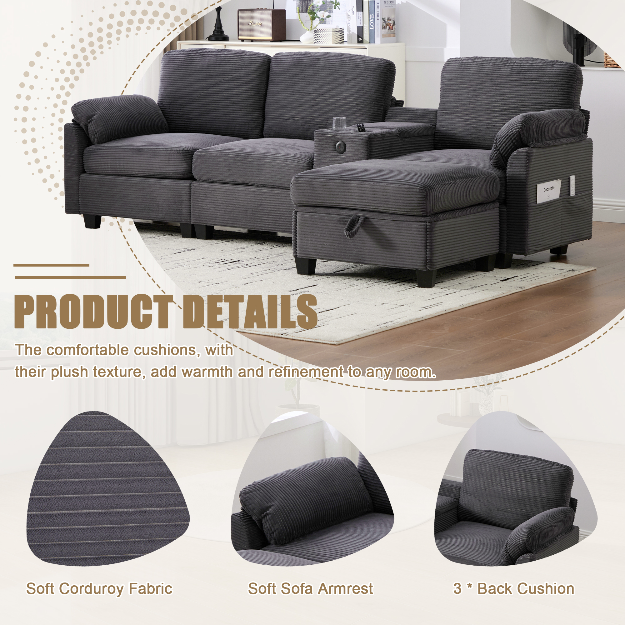 MOONMISS Corduroy Upholstered L-Shaped 4-seater Storage Multifunctional Sectional Sofa with Storage Ottoman-Dark Grey