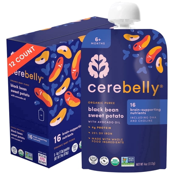 Cerebelly Organic Baby Food Pouches, Black Bean Sweet Potato Purees, 16 Nutrients, No Added Sugar & Non-GMO Toddler Snacks, 4 oz, 12 Pack