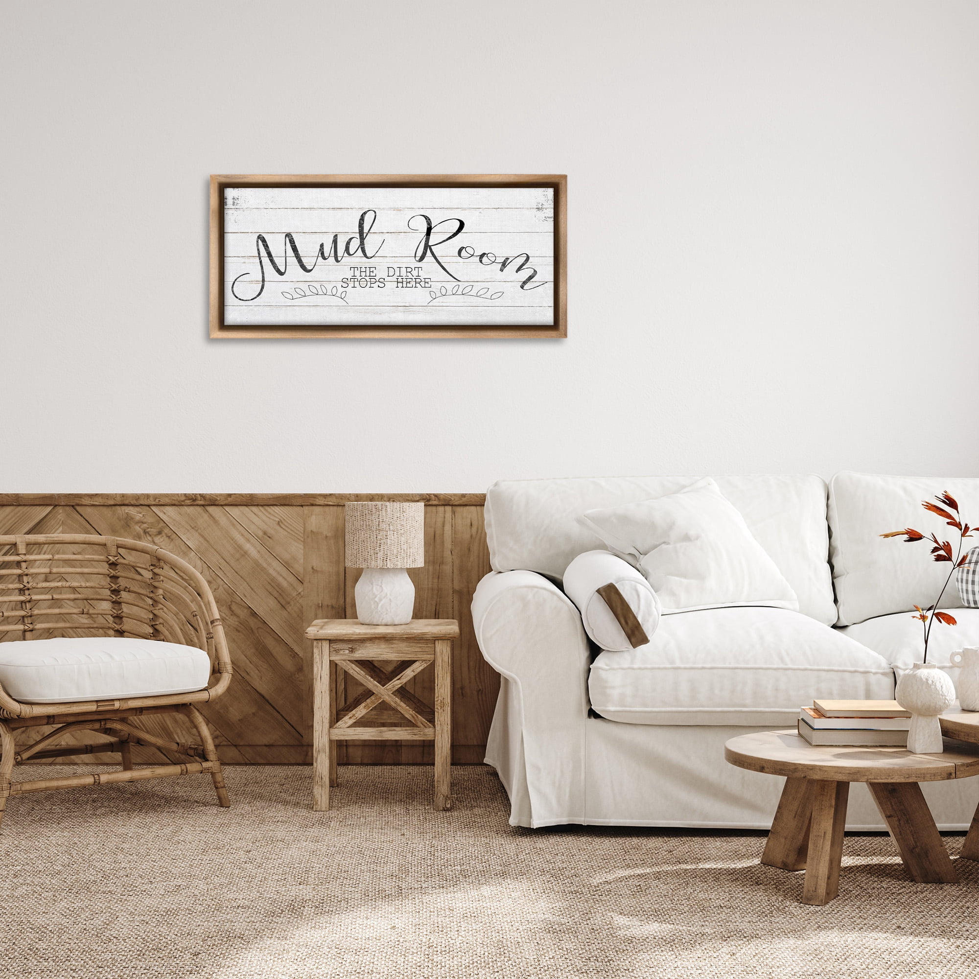 Stupell Industries Mud Room Dirt Stops Here Typography Painting Brown Floater Framed Canvas Art Print Wall Art, 31 x 14