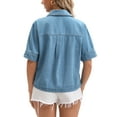 thumbnail image 3 of INSPIRE CHIC Women's Short Sleeve Denim Jacket Button Down Boxy Shirt Tops Casual Jean Jackets L Light Blue, 3 of 6