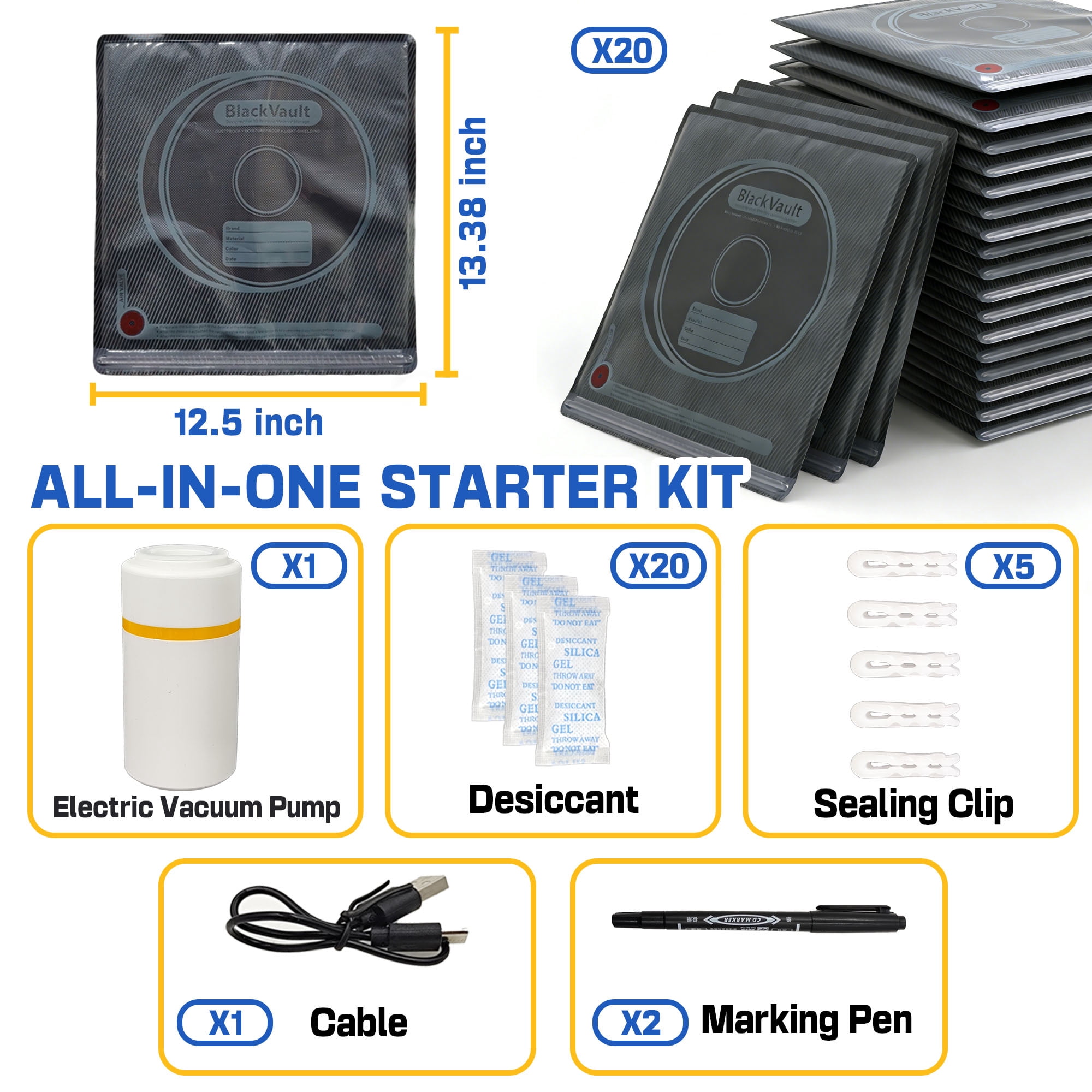 Vacuum-Sealed 3D Printing Filament Kit, 20 Packs Lightproof Storage Bags with Vacuum Pump, Moisture-Proof Bags, 13.4x12.6 in, Sorting & Storage of 3D Printer Filament Bundle with Desiccant