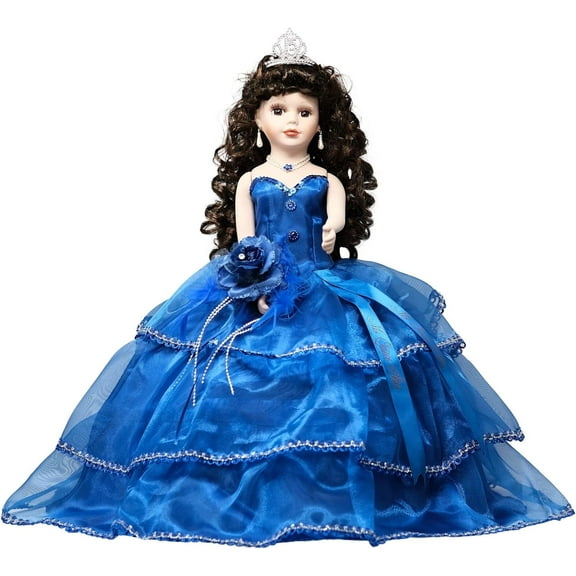 Porcelain Sleeveless Quinceañera Umbrella Doll in Royal Blue Gown, Centerpiece & Decoration