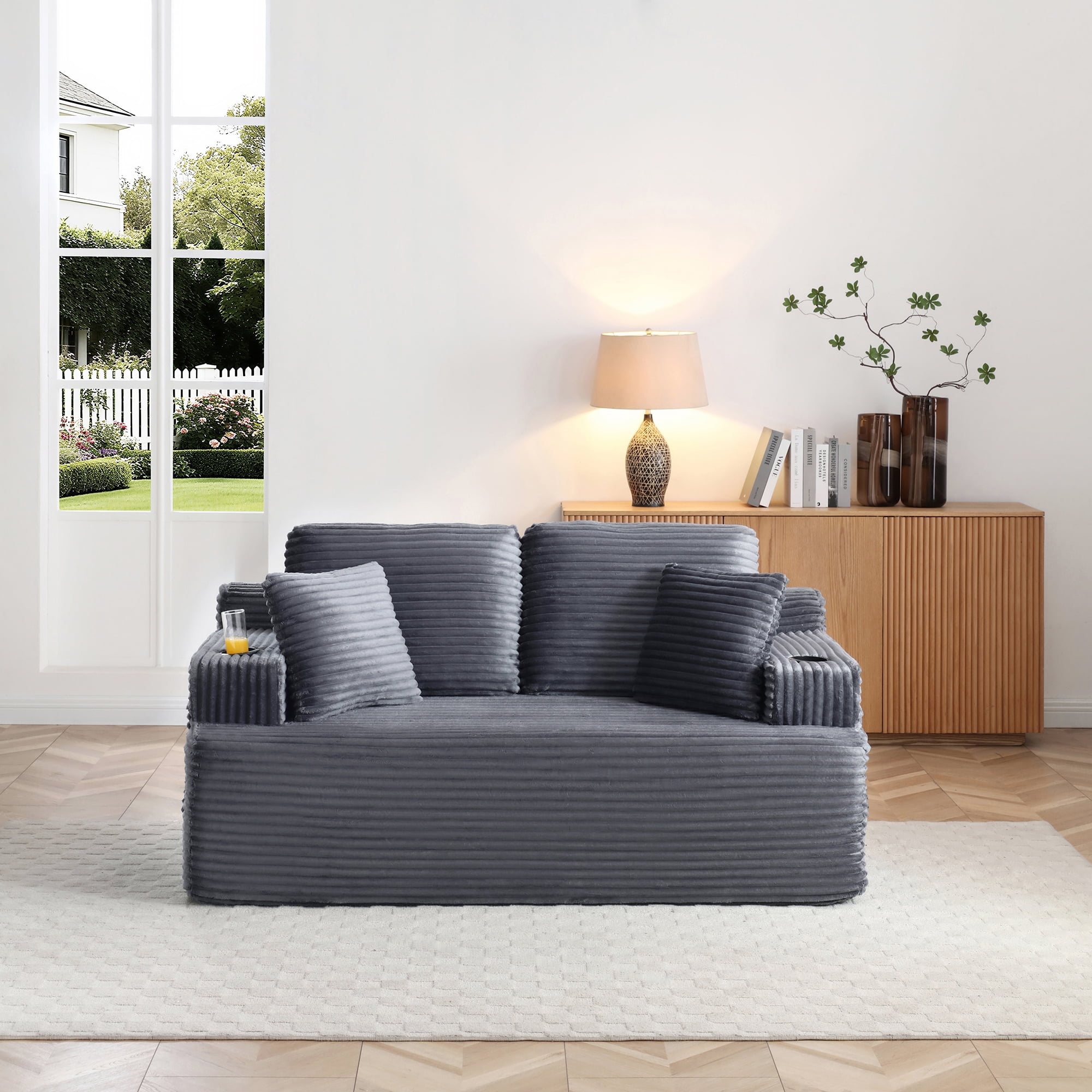 Boneless Loveseat, 2-Seater Floor Couch with Cup Holders and Side Pockets, Corduroy Fabric No Assembly Sofa for Small Space or Apartment, 66.5 Inch, Grey