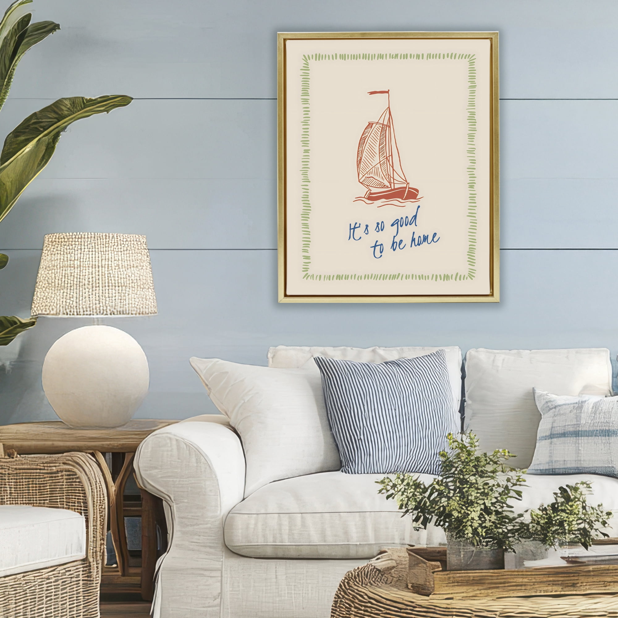 Stupell Industries Good To Be Home Sailboat Gold Framed Floater Canvas Wall Art, design by The Prints Vibe