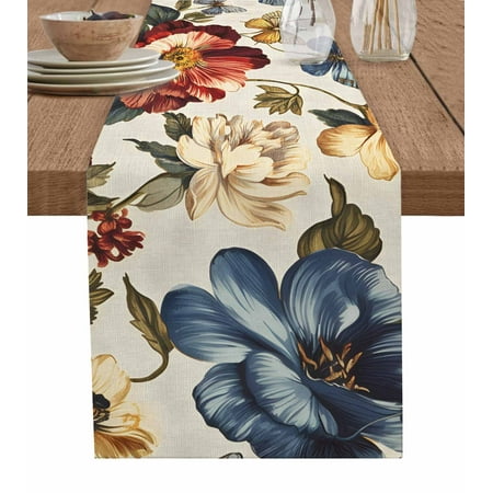 

Table Runner Dresser Scarf 13 x 90 Inch Spring Vintage Red Flower Blue Butterfly Leaves Oil Painting Table Runners Non-Slip Heat Kitchen Dining Table Decor for Indoor Outdoor Home Party Decoration