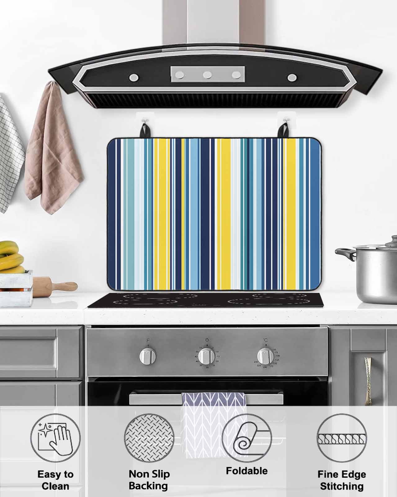 nqOlkjepod Large Induction Cooktop Protector Mat 24"x21", Blue Yellow Teal Stripes Stove Top Covers for Electric Stove, Boho Colorful Ombre Texture Stove Burner Cover Mats, Glass Top Stove Cover