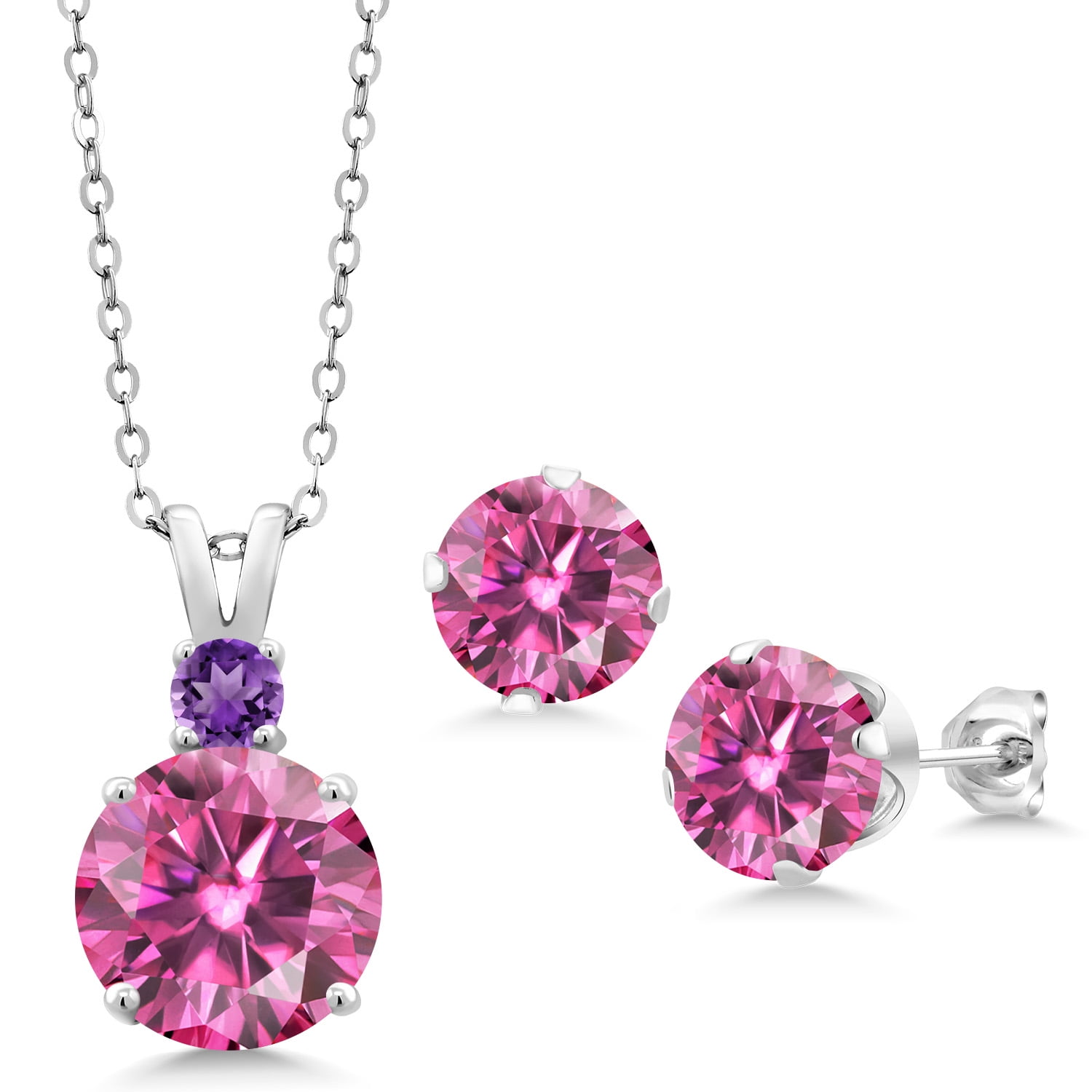 Gem Stone King 925 Sterling Silver Pink Moissanite and Purple Amethyst Pendant and Earrings Jewelry Set for Women (10.45 Cttw, Round 10MM, Gemstone Birthstone, with 18 inch Silver Chain)