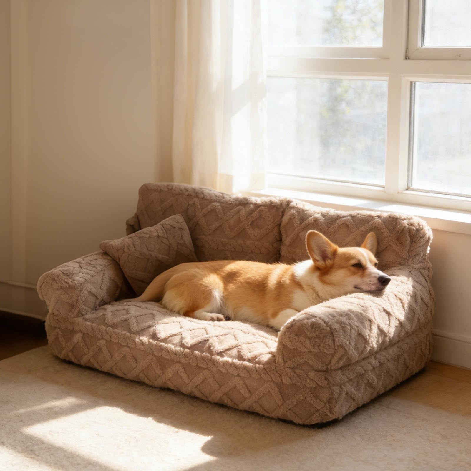 Orthopedic Pet Sofa Bed Removable Washable Plush Cushion Supportive Calming Sleeping Couch for Small Medium Dog Cat Indoor Rest Brown - XL