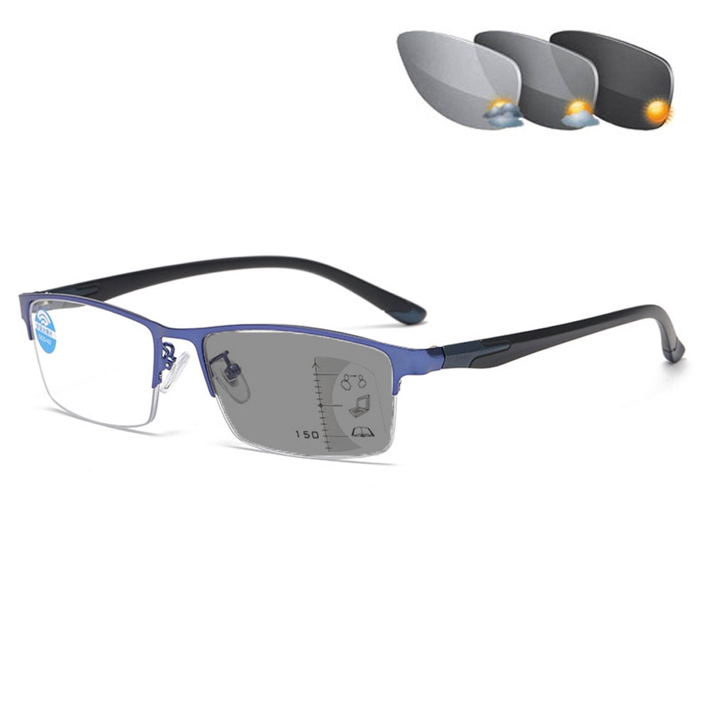 Men Blue Frame Progressive Photochromic Gray Reading Glasses 1.00, Metal Rectangle Half Rimless Business Transition Gray Multifocus Readers +1.00 Strength