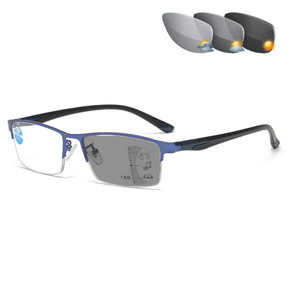 Men Blue Frame Progressive Photochromic Gray Reading Glasses 1.00, Metal Rectangle Half Rimless Business Transition Gray Multifocus Readers 1.00 Strength