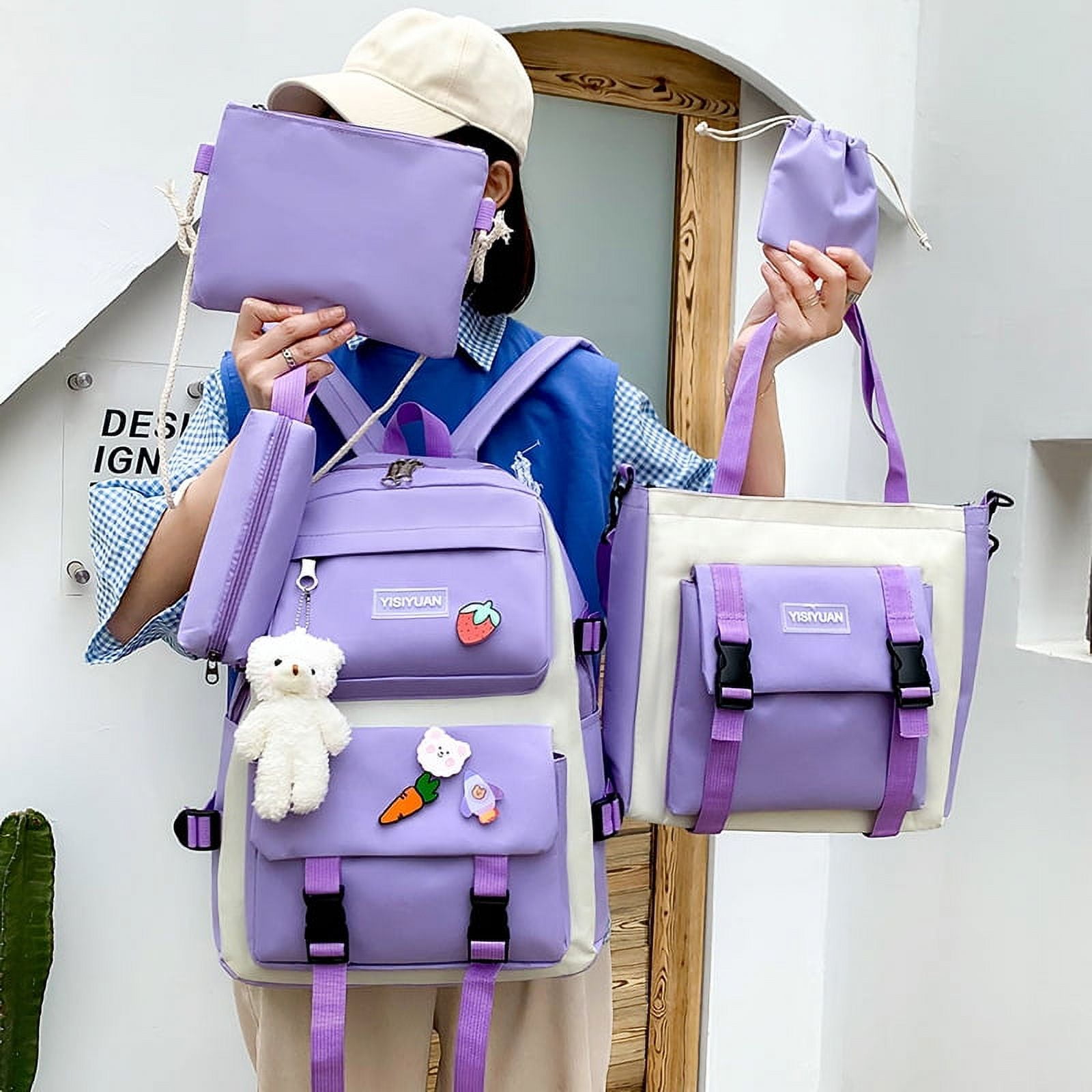 SC002 Fashion Pink Travel School Bag for Women Girls Student Canvas School Bag Set Cute College 5 pcs Backpack Sets