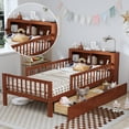 thumbnail image 5 of Twin Size Platform Bed with Storage Headboard  3 Side Guardrails，Wood Platform Bed with Double Drawer Storage, for Children's Room, Bedroom, Walnut, 5 of 9