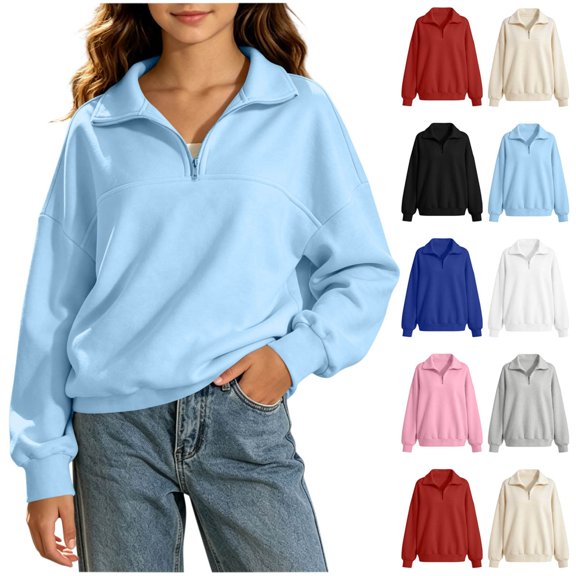 Afuyipoi Girls Half Zip Collar Sweatshirt Long Sleeve Loose Drop Shoulder Casual Pullover Top Size 5-16 Years Sky Blue Size 7