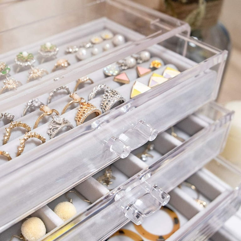 misaya Earring Jewelry Organizer Box, Large Acrylic Jewelry Organizer with  4 Drawers, Clear Velvet Earring Holder Organizer for Earrings, Rings