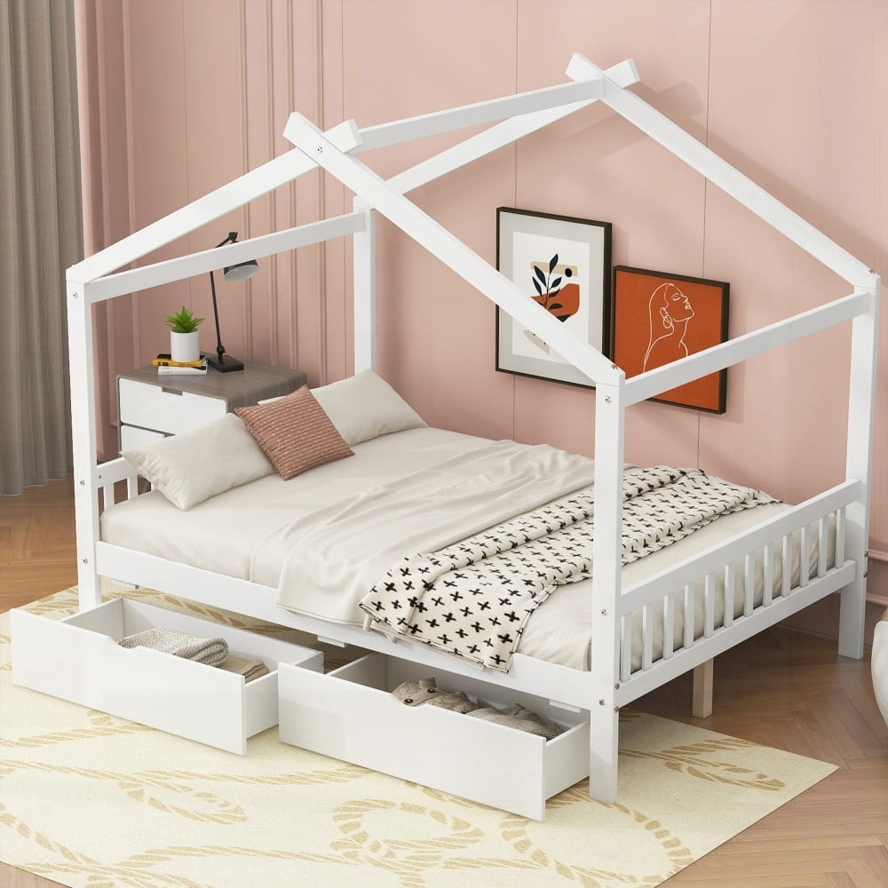 Full Size House Platform Bed with Storage & Roof Design|Two Drawers|White