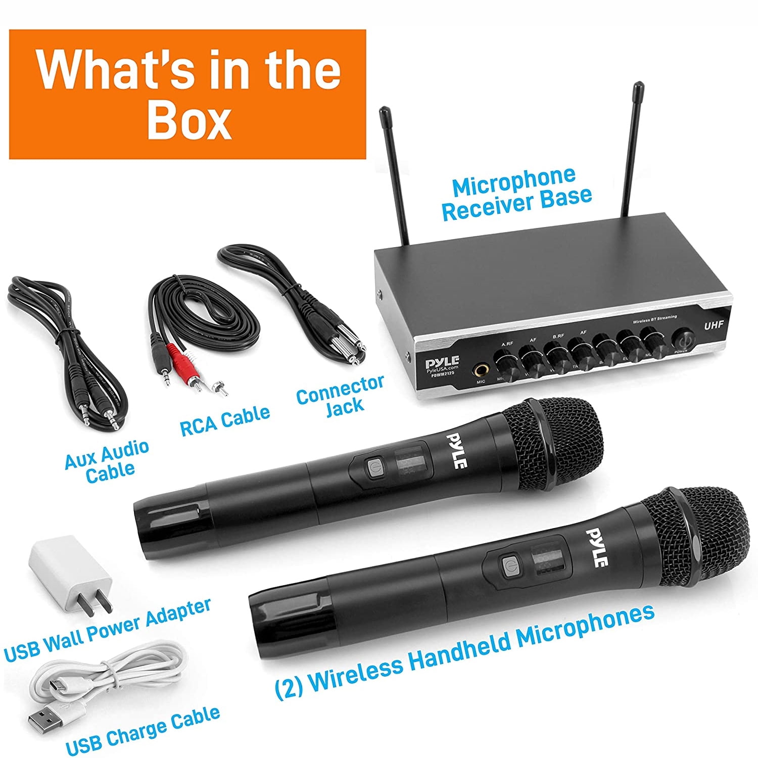 Pyle Portable Uhf Wireless Microphone System Battery Operate Dual Bluetooth Cordless Microphone Set
