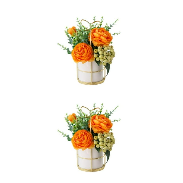 mmirethe Fake Peony Silk Hydrangea Flower Realistic Appearance Artificial Flowers With Vase Simulation Flower Set Low Maintenance Pinellia orange 2Set