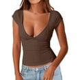 thumbnail image 3 of Women's V Neck Short Sleeve Tee Seamed Cup Design Double Layer Going Out Top, 3 of 9