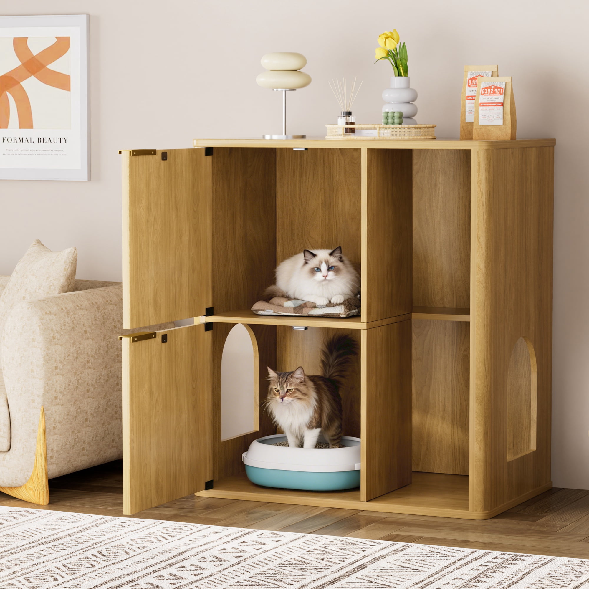 Cat Litter Cabinet with Cat Tree and Dual Cat Doors, Concealed Litter Box Enclosure and Storage Shelf for Living Room Bedroom, Natural