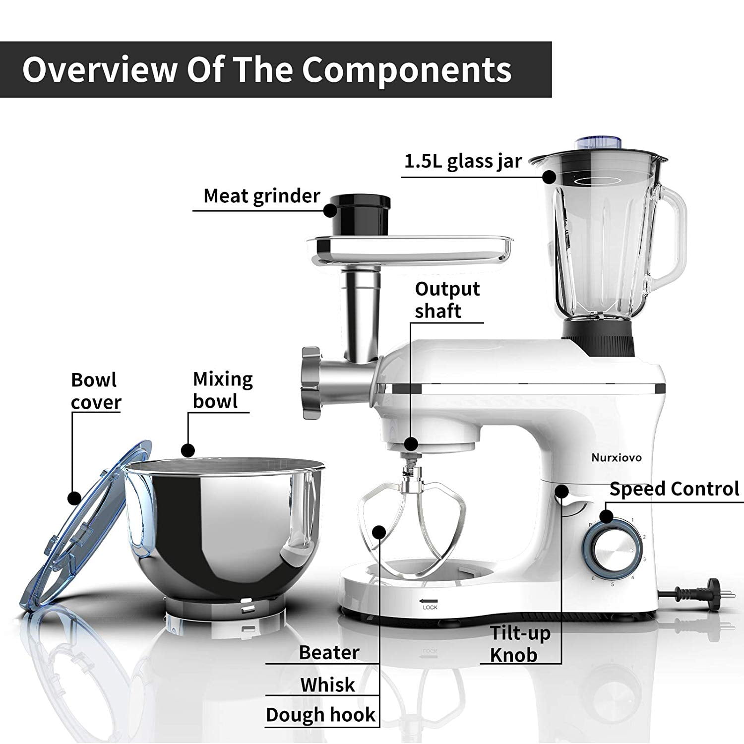 Nurxiovo   ヌルシヴォ　スタンドミキサー 1518-BM プロ6.1L Nurxiovo Pro Heavy Duty 3 in 1 Electric Stand Mixer, 850W