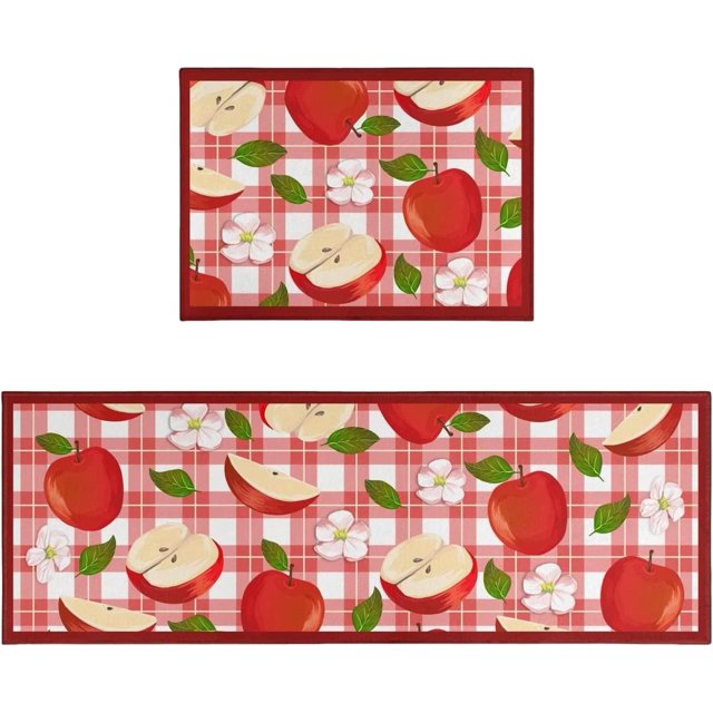 Apple Kitchen Mat Rug Set of 2- Apple Kitchen Rugs with Runner, Apple Kitchen Decor Accessories Things, Buffalo Plaid Kitchen Rug Mat- Red Fruit Rugs for Home Kitchen Large- 17x24 and 17x48 Inch