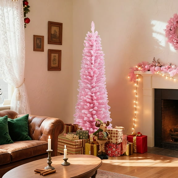 Gymax 5 FT Pink Artificial Christmas Tree Slim Pencil Xmas Tree w/ 328 Snow Flocked Branch Tips