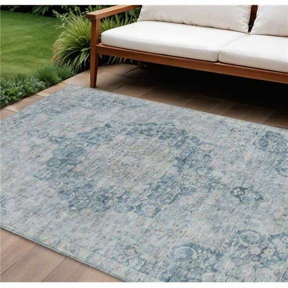 HomeRoots 607899 8 x 10 ft. Blue Floral Medallion Washable Indoor & Outdoor Rectangle Area Rug