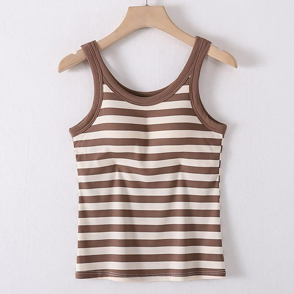 Summer Women Tank Tops Crew Neck Sleeveless Striped Basic Pullover Blouse Camisole With Built In Bras Casual Slim Loungewear Going Out Tops For Women