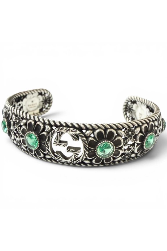 Pre-Owned GUCCI AG925 Rhinestone Crystal Floral Interlocking G Bangle Bracelet, Silver Green,...