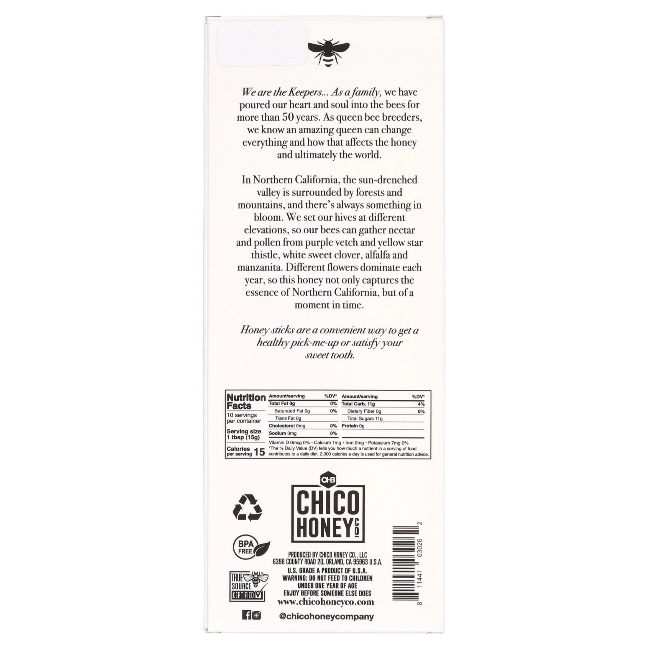 OHB Chico Honey Company, California Wildflower Honey 10pk Sticks 1.8oz
