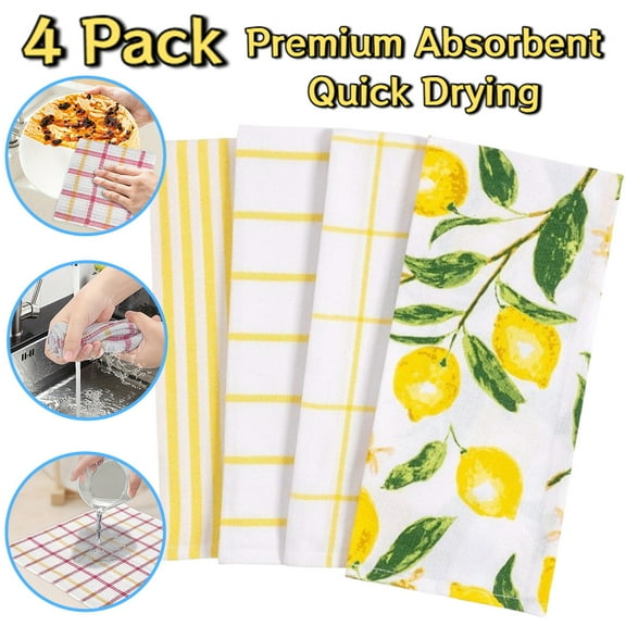 Lemon Themed Kitchen Linens, Set of 4 Cotton Towels 16x24 Inches, Printed Dish Towels with Pantry Lemons Pattern for Cooking & Decor