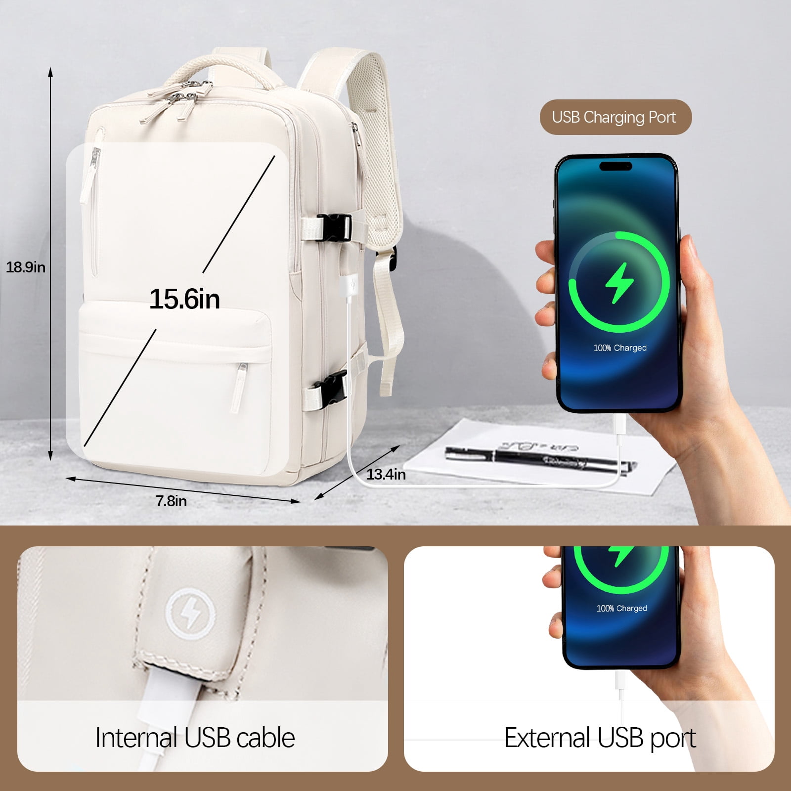 Fenbeli Expandable Travel Laptop Backpack, Fits 15.6-Inch Laptop, Water-Resistant Backpack with USB Charging Port, Anti-Theft Pocket & Luggage Strap