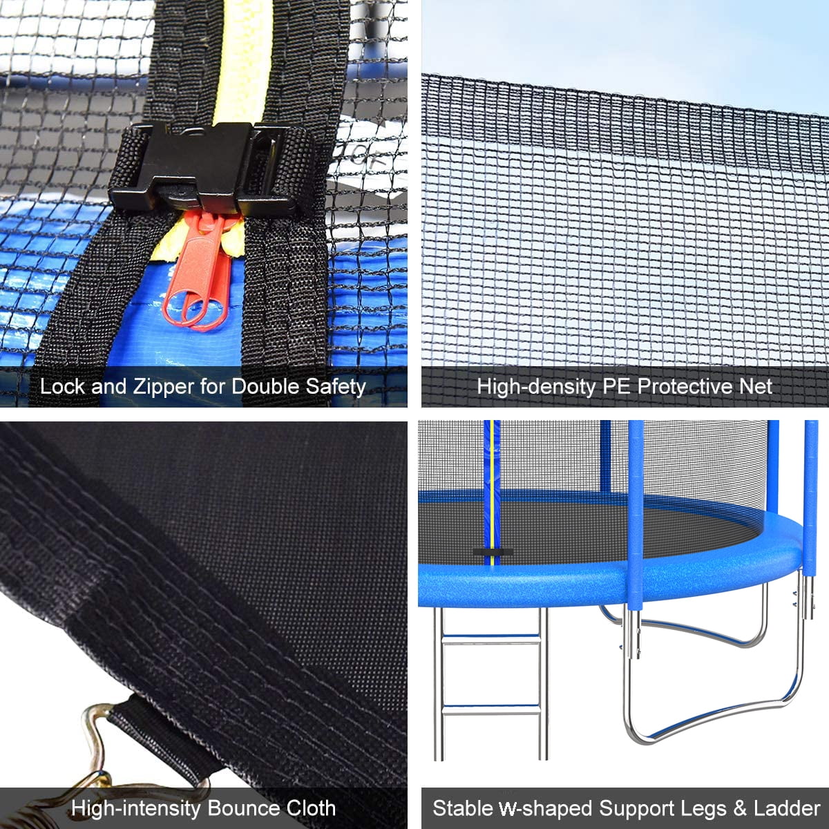 Seizeen Trampoline for Kids Adults, 12FT Outdoor Trampoline with Enclosure Net, Heavy-Duty Trampoline w/ 4 W-shaped Supports for Max 570LBS, Thickened Spring Pad, 8 Poles, 72 Color Galvanized Springs