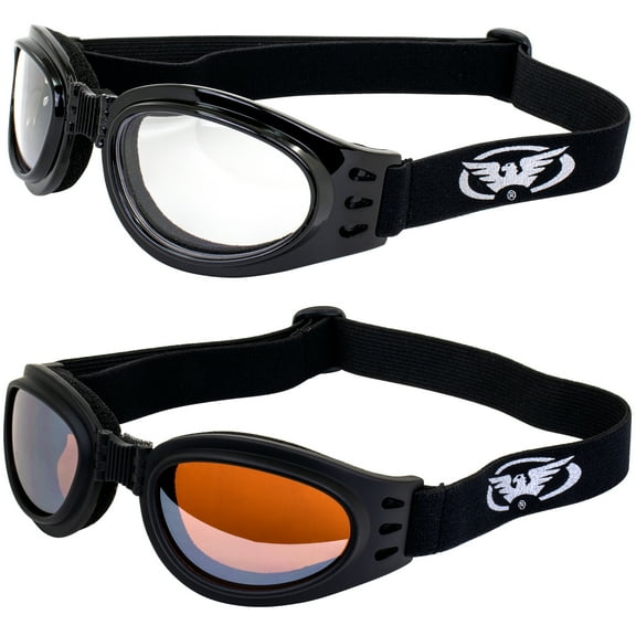 Global Vision 2 Pairs Adventure Padded Motorcycle Riding Goggles Black Foldable Frame w/ Clear & Driving mirror Lenses
