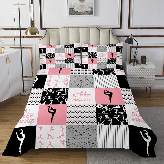 Erosebridal Gymnastics Dancing Coverlet Set King, Patchwork Bedding Set, Geometric Checkered Decor, 3pcs