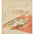 thumbnail image 2 of Kubo Shunman 12x13 Gold Ornate Wood Frame and Double Matted Museum Art Print Titled - Fan Painting of Rabbit and Moon, on a Red Felt&nbsp;Blanket (1819), 2 of 4