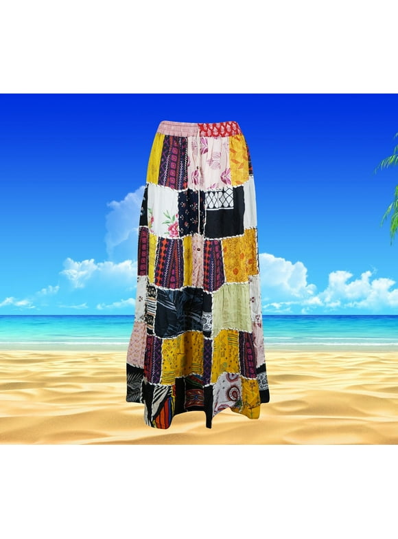 Mogul Womens Boho Patchwork Skirt, Yellow Black Maxi Patchwork Skirts, Hippie Skirt, festival, Gypsy Skirt, Elastic Waist Long Boho Skirt S/M/L