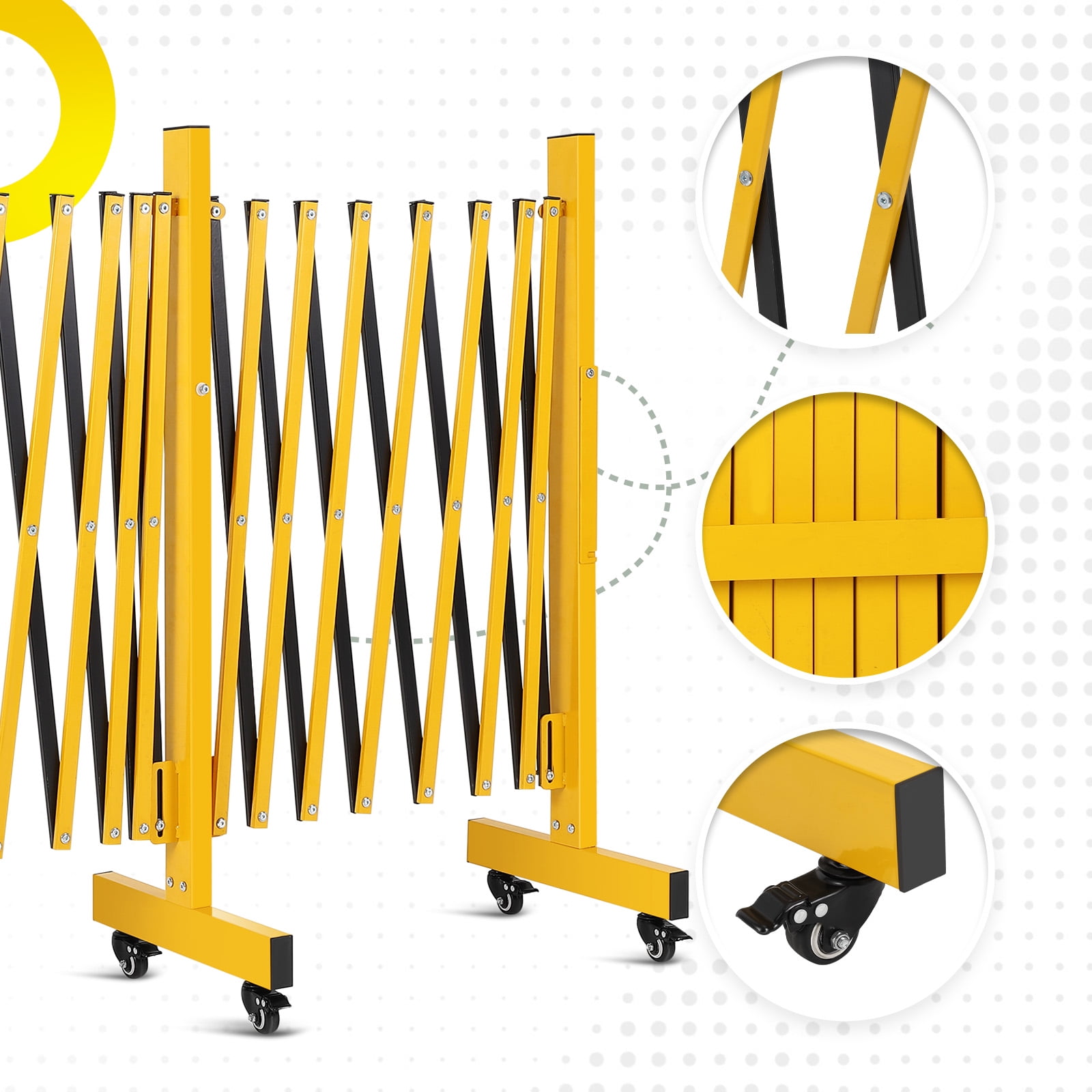 Memoryfield 9 ft Expandable Metal Barricade Gate, Folding Portable Safety Barrier with 6 Wheels, Security Fence for Doorways, Driveways & Crowd Control, Yellow