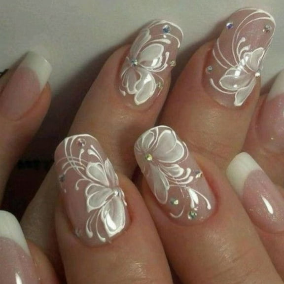 24Pcs Press on Nails French Tip Square Nails Tips Designs Fake Nails Artificial Acrylic Nails Full Covers False Nails