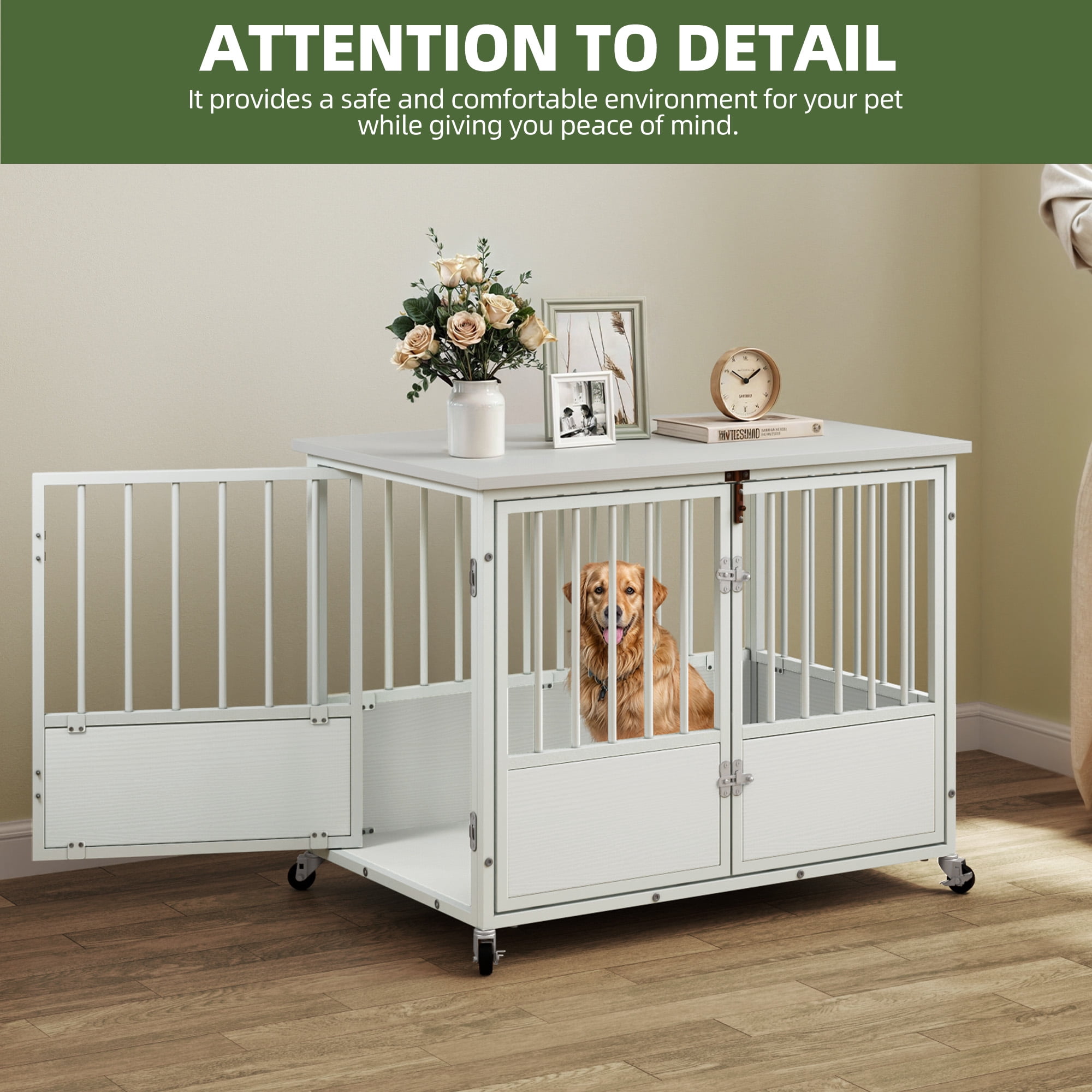 Uforic 38-Inch Wooden Dog Crate Furniture with Wheels and Double-Doors,Dog Kennel,Dog Cage for Indoor - White